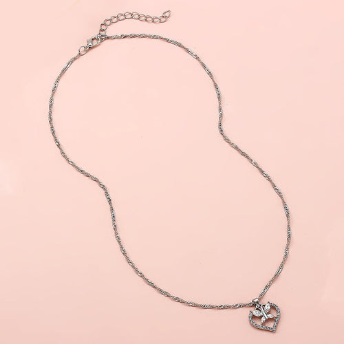 Anniversary Jewelry Silver Chain Full Rhinestone Butterfly Heart Charm Necklace
