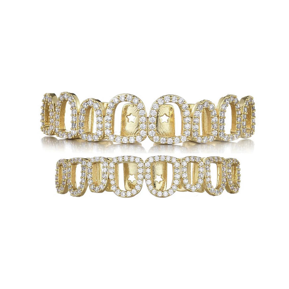 YOUNGX Top Bottom 8/8 Full CZ Stone Hollow Teeth Grillz Hip Hop Shiny Zircon Tooth Caps For Women Men Jewelry Dental Grills