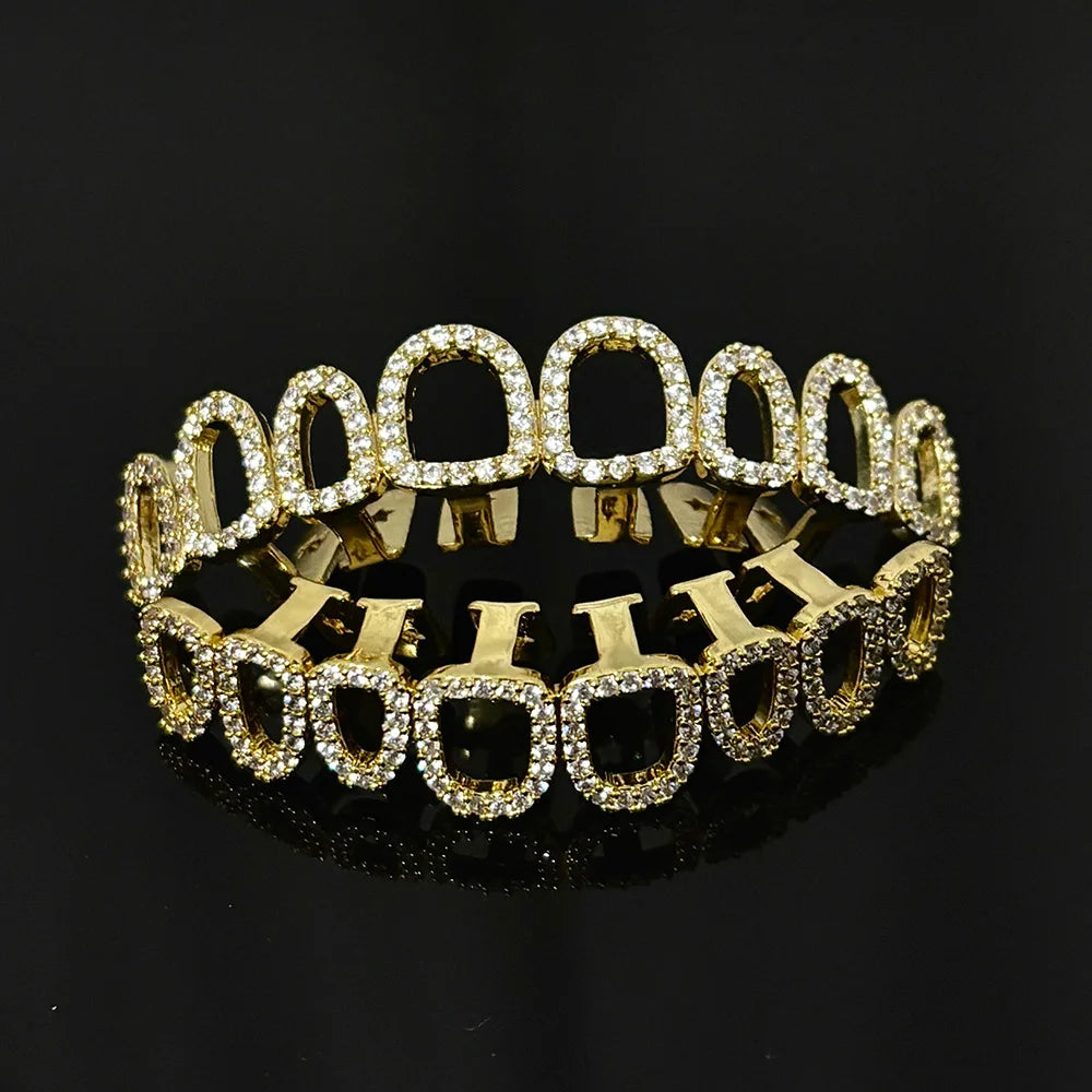 YOUNGX Top Bottom 8/8 Full CZ Stone Hollow Teeth Grillz Hip Hop Shiny Zircon Tooth Caps For Women Men Jewelry Dental Grills