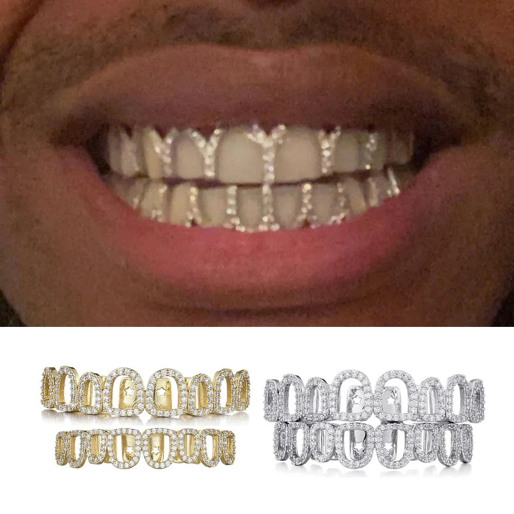 YOUNGX Top Bottom 8/8 Full CZ Stone Hollow Teeth Grillz Hip Hop Shiny Zircon Tooth Caps For Women Men Jewelry Dental Grills