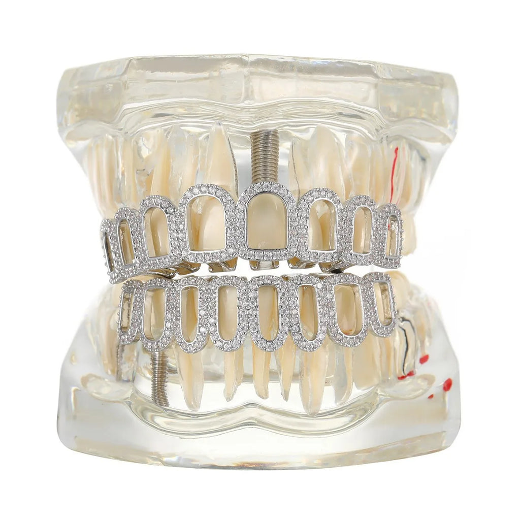 YOUNGX Top Bottom 8/8 Full CZ Stone Hollow Teeth Grillz Hip Hop Shiny Zircon Tooth Caps For Women Men Jewelry Dental Grills